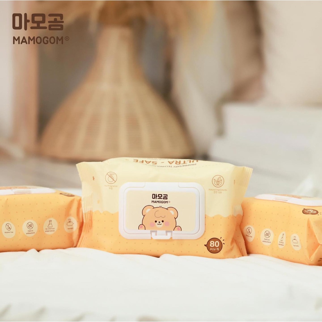 Khăn ướt cao cấp Mamogom Hàn Quốc 100% sợi giấy organic cotton mềm mịn không cồn an toàn cho da bé bịch 80 tờ