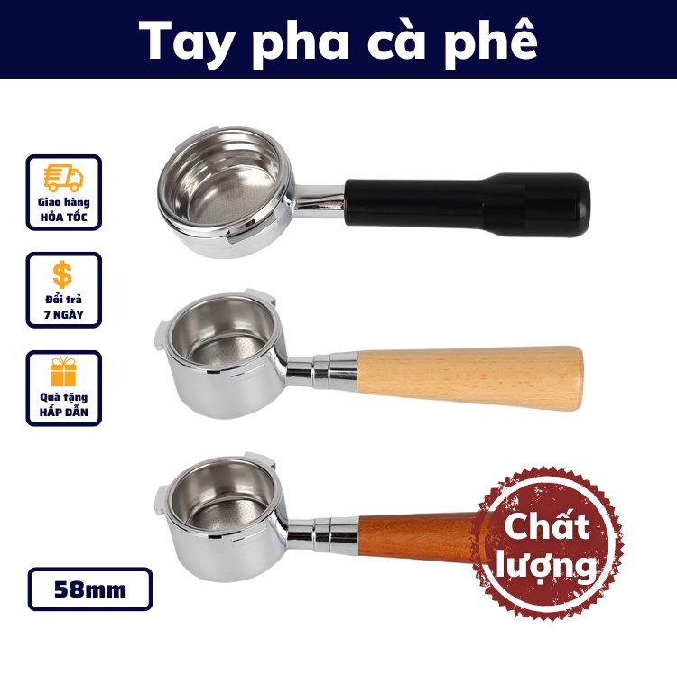 Tay pha cafe inox 58mm cao cấp chuyên dụng pha cà phê nguyên chất espresso cafe máy cán gỗ bảo hành 1 đổi 1 tay pha máy