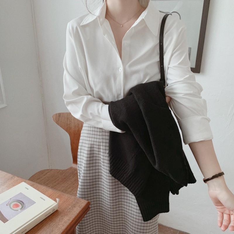 Áo sơ mi nữ tay dài màu trơn đơn giản thời trang dễ phối