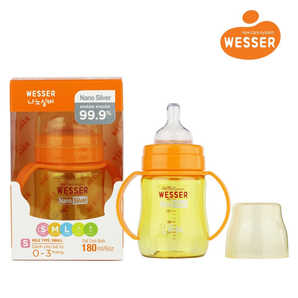Bình sữa Wesser Nano Silver cổ rộng 180ml (Màu vàng).