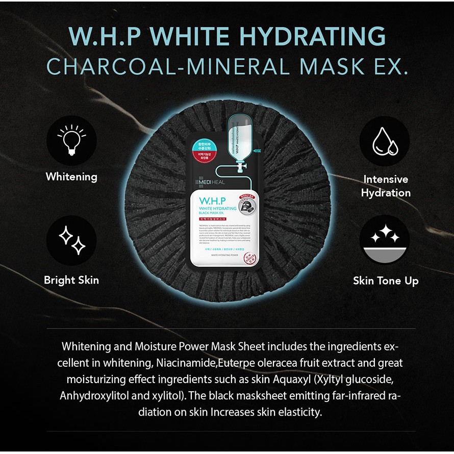 Mặt Nạ Dưỡng Trắng Da Chiết Xuất Than Hoạt Tính Mediheal W.H.P White Hydrating Black Mask 25ml