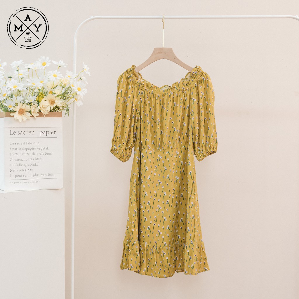 Váy Hoa Nhí, Váy Trễ Vai Dáng Xòe Thắt Eo Bo Tay Chân Váy Đuôi Cá DRESS0101-1408 MAY.SINCE201