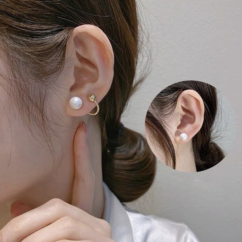 Bông tai 211016 đính ngọc trai phong cách Hồng Kông