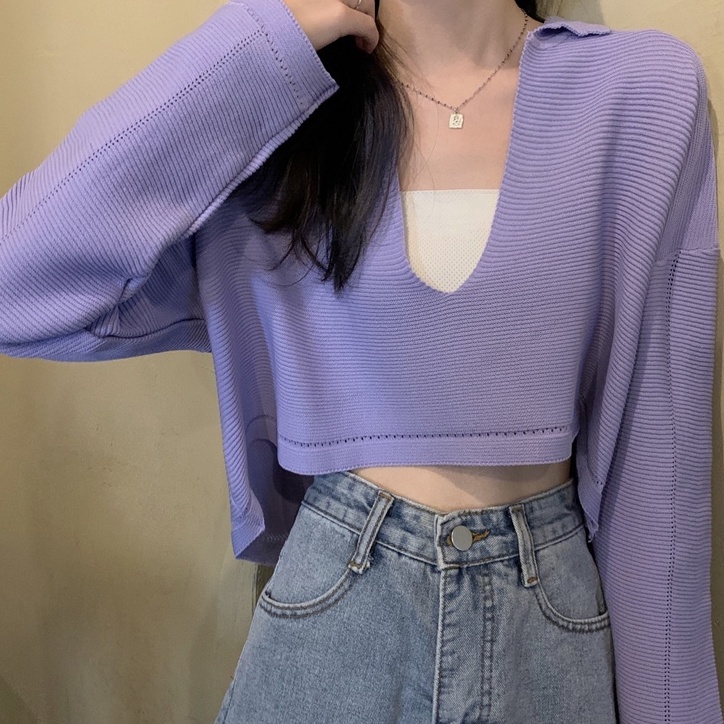 【ZHELIHANGFEI】Áo Dệt Kim Tay Dài Cổ POLO Eo Cao Hở Rốn