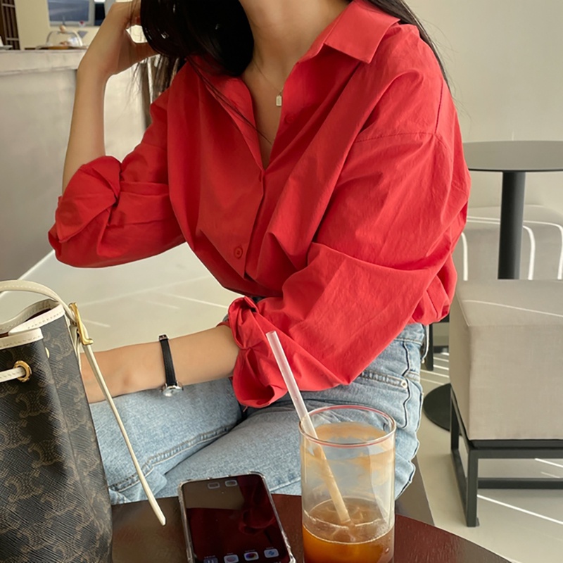 Áo sơ mi nữ form rộng công sở kiểu màu đỏ dài tay vintage hàn quốc cao cấp trơn sm60 kozoda