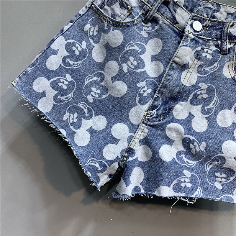 Jiashucheng Quần Short Denim Lưng Cao Ống Rộng In Hình Chuột Mickey Thời Trang Mùa Hè 2023 Cho Nữ