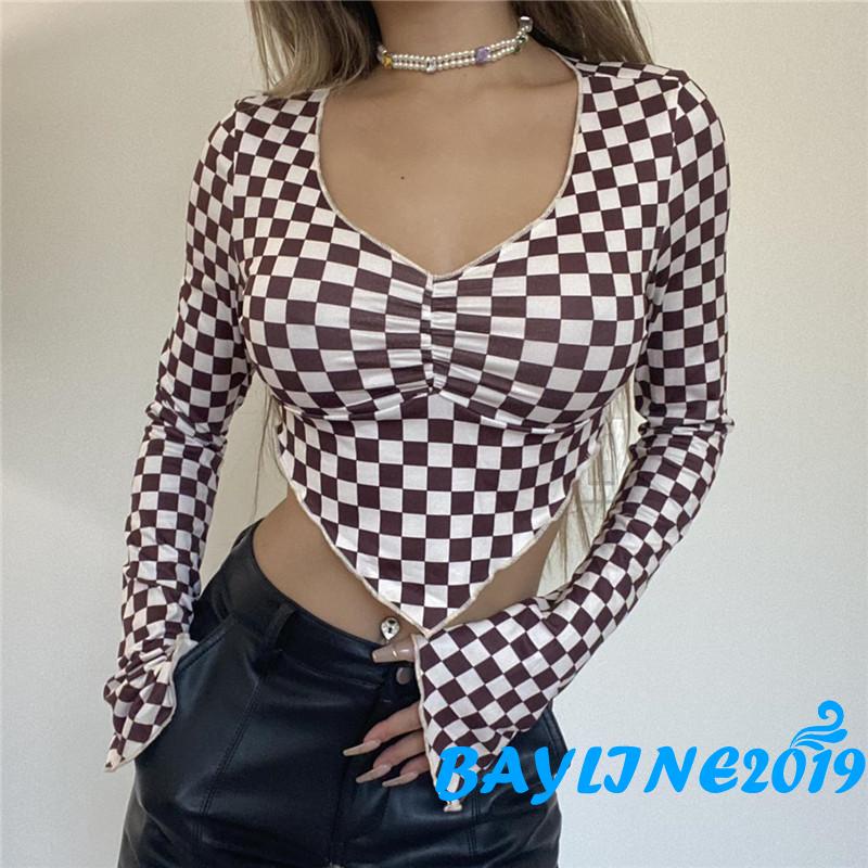 Áo croptop tay dài cổ chữ V họa tiết caro thời trang cho nữ