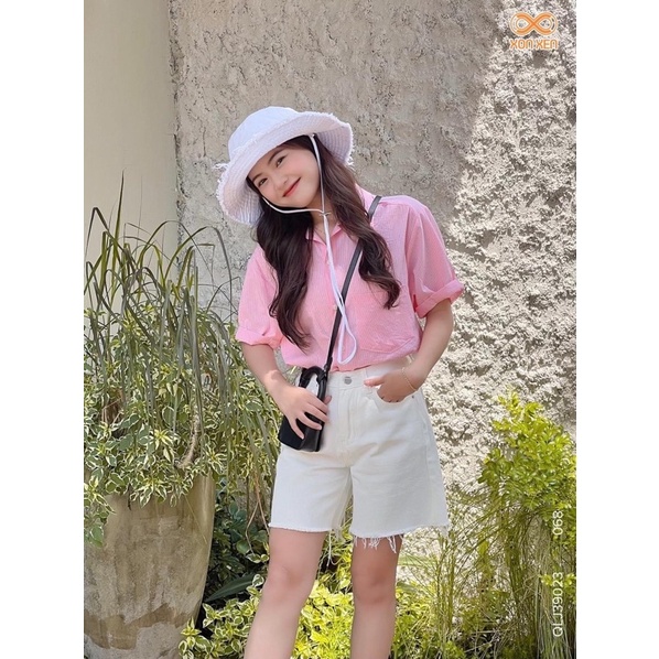 Áo sơ mi nữ Sơ mi nữ kẻ form rộng tay lật 1 túi XONXEN SHOP HUẾ freesize mã 068