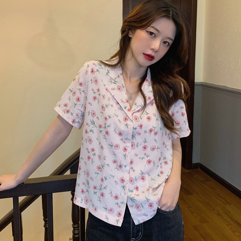 Áo Kiểu Tay Ngắn Chất Chiffon Hoạ Tiết Hoa Cho Nữ
