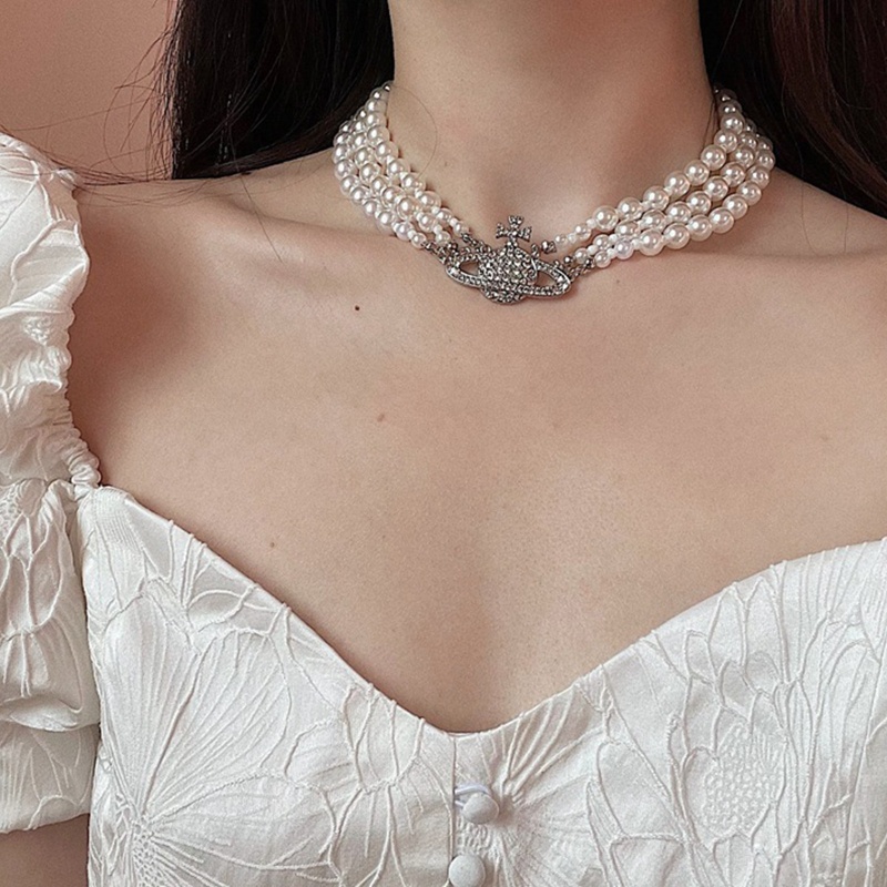 Yoioi Vòng Cổ Choker Nhiều Lớp Đính Ngọc Trai Giả Và Hành Tinh Đính Đá