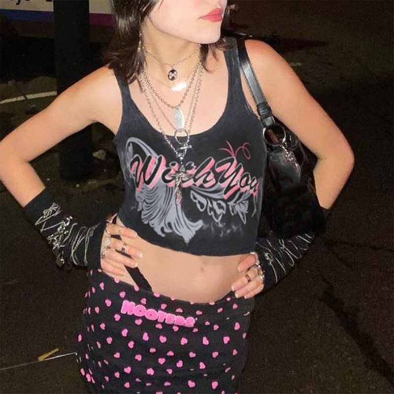 Brroa Áo Croptop Không Tay Khoét Lỗ In Chữ Phong Cách Harajuku Punk Cá Tính Cho Nữ