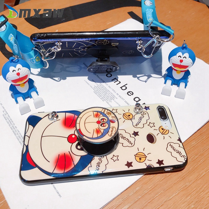 Doraemon Case Samsung Galaxy A8 A6 Plus J8 2018 A2 Core A10E J4+ J4 Core J6+ Plus J6 J4 J2 Pro A7 2018 S10e Cute Case Exquisite Blu-ray Cartoon Cat Case +Holder Stand + Lanyard Soft Cover