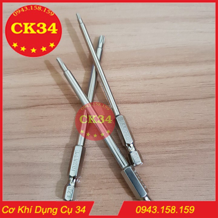 Mũi vít hoa thị có lỗ. Lục giác bông 3 pc cho khoan bắn vít T10, T15, T20 dài 100mm hãng BROPPE