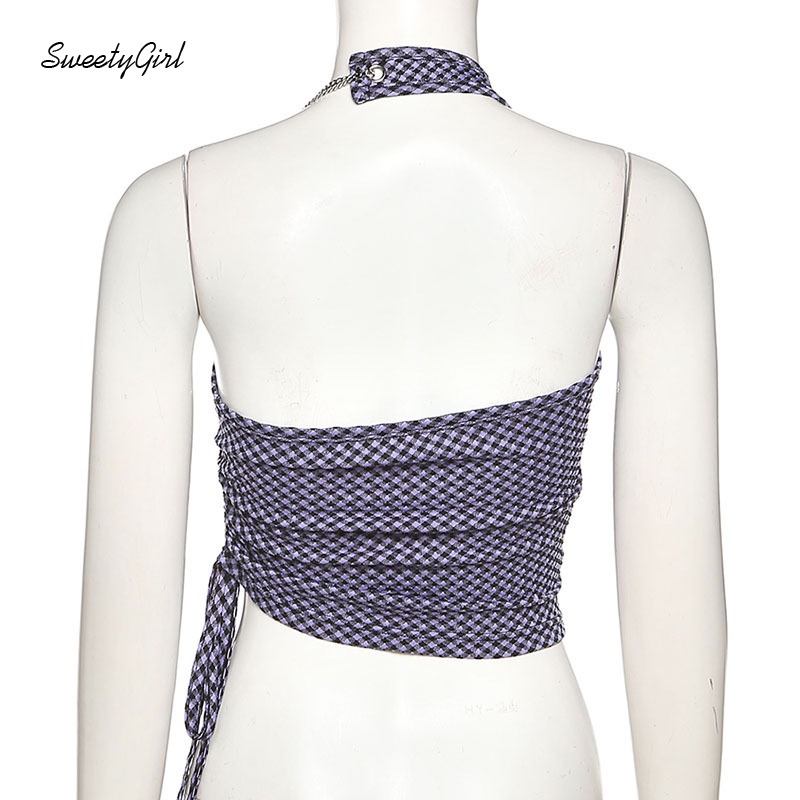 Áo Tank Top Hai Dây Rút Hở Lưng Họa Tiết Sọc Caro 2022 Thời Trang Cho Nữ