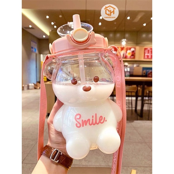 Bình Nước Gấu Có Ống Hút Kèm Dây Đeo Cực Dễ Thương