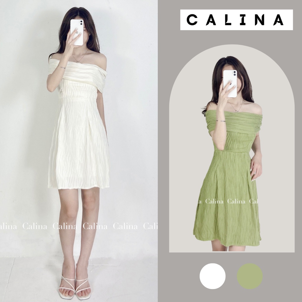 Đầm nữ trễ vai Calina tôn body hai màu trắng, xanh cốm chất xốp nhăn mặc cực mát cho mùa hè, đi chơi đi tiệc mã 6967