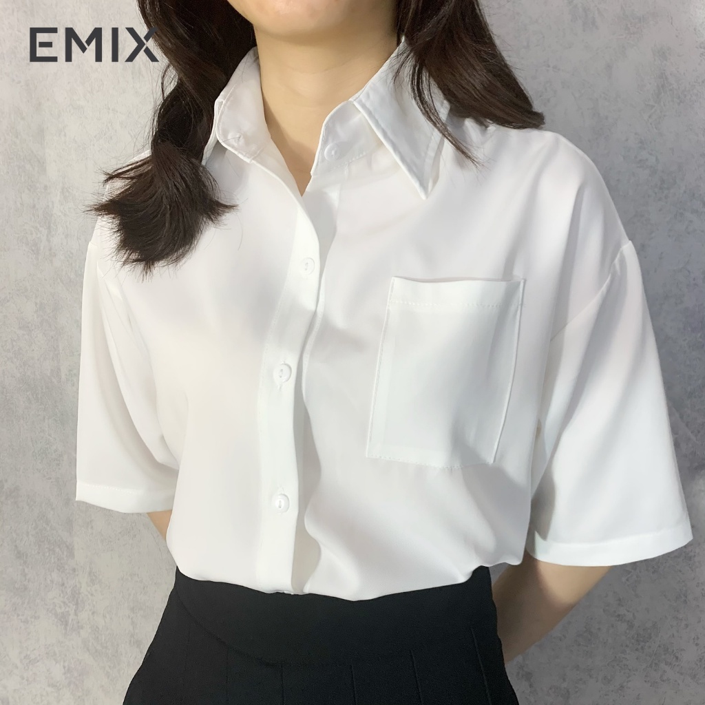 Áo sơ mi nữ cộc tay EMIX (màu trắng), basic, unisex, dáng rộng, túi trước, hàng may kỹ, vải lụa thô đẹp không lộ A045