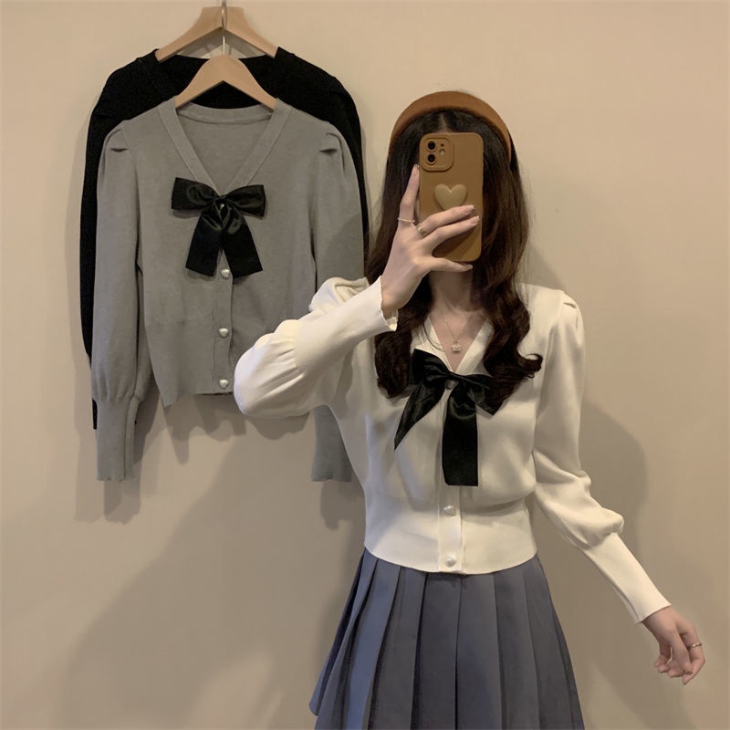 Áo dệt kim Pure Cube dáng rộng cổ chữ V đính nơ màu đen thời trang thanh lịch cho nữ