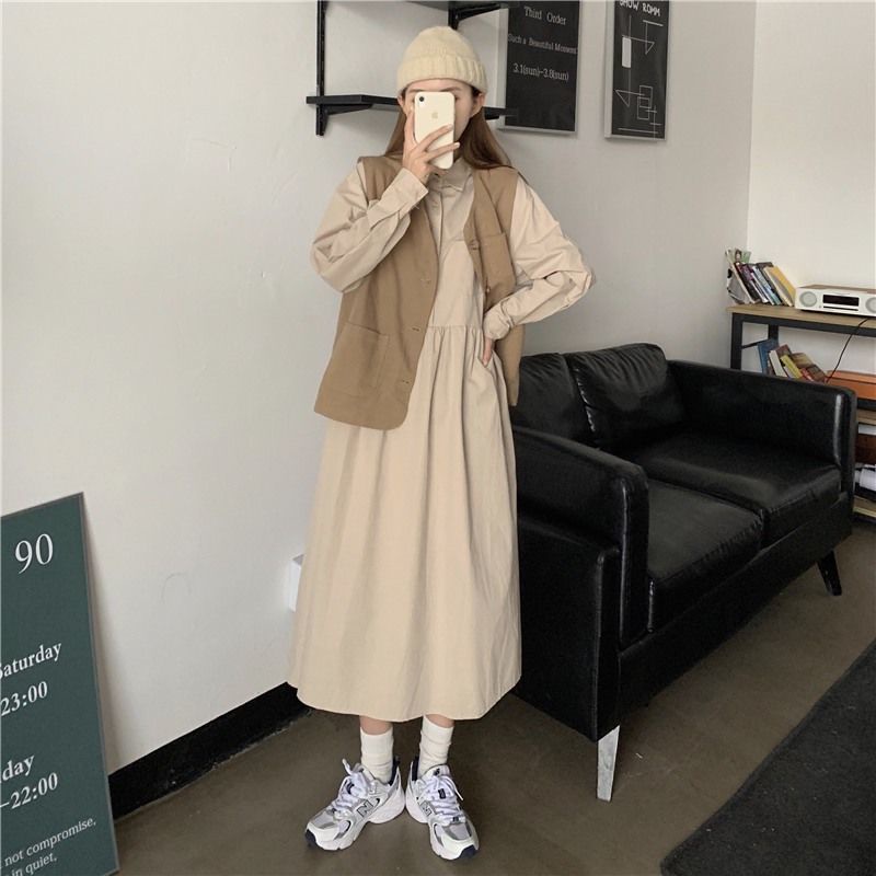 Set Đầm Kaki Dài Tay Và Áo Khoác Ghi Lê Phong Cách Trẻ Trung Dành Cho Nữ