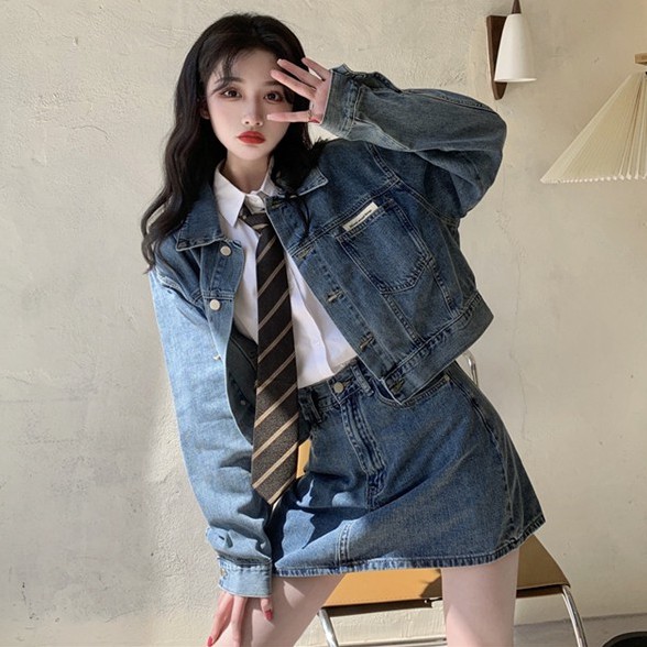Set áo khoác denim + chân váy lưng cao Xiaozhainv phong cách retro (Có bán lẻ) | BigBuy360 - bigbuy360.vn
