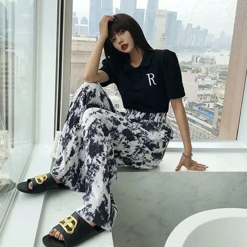 Li Wanjun s same style wide-leg pants women s high waist drape summer ink dyed puckering Tie-dyed loose slacks and mopping trousers