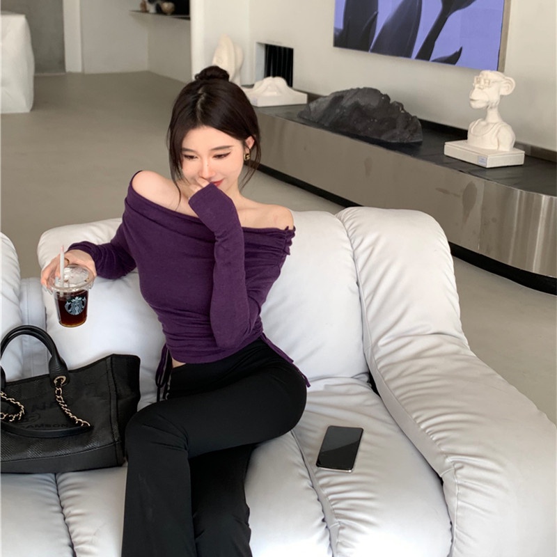 Áo Len Tay Dài Hở Vai Màu Trơn Dáng Ôm Gợi Cảm Thời Trang Dành Cho Bạn Nữ