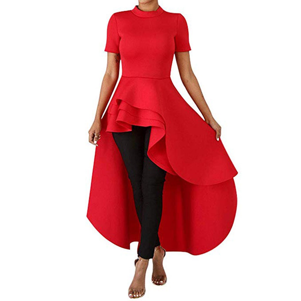 womens ruffle high low asymmetrical short sleeve bodycon tops blouse shirt dress