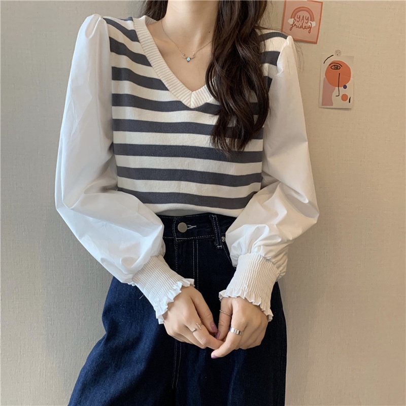 Áo len nữ kiểu cổ chữ V phối tay sơ mi bồng nhẹ 3 màu xinh xắn | BigBuy360 - bigbuy360.vn