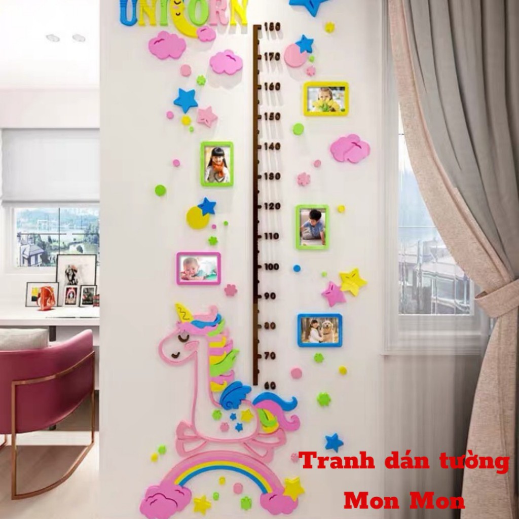 Tranh dán tường Mon Mon - Decal mica 3D hình pony, thước đo chiều cao cho bé ngựa hồng dễ thương