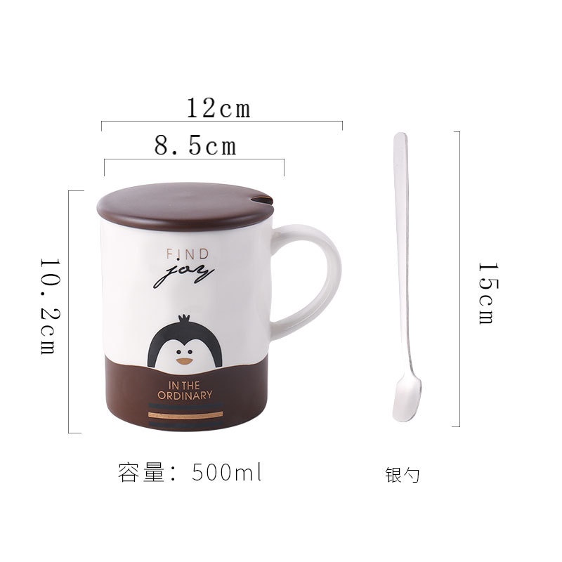 Cốc sứ kèm nắp và thìa ly sứ cafe 360ml hoạ tiết hoạt hình dễ thương dùng làm quà tặng, decor góc làm việc - SunstoreVN