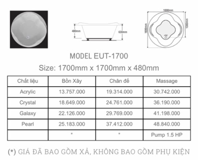 BỒN TẮM EUROCA TRÒN - MODEL EUT-1700 - BẢO HÀNH 3 NĂM