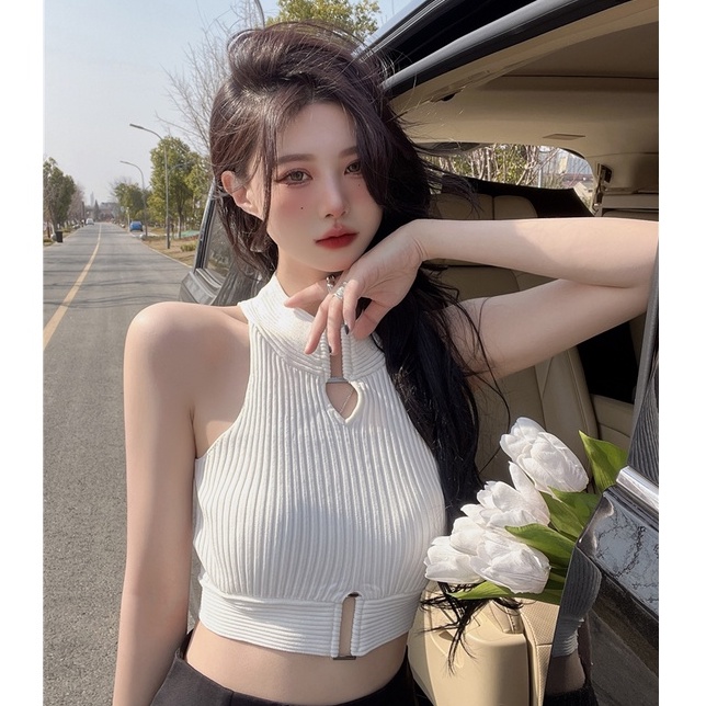 QKOOLE Áo croptop dệt kim không tay phong cách Hàn Quốc thiết kế quyến rũ cho nữ