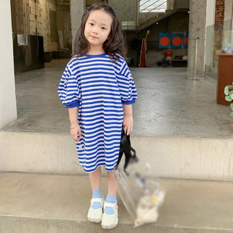 Đầm Công Chúa Mùa Hè Tay Ngắn Cổ Tròn Sọc In Họa Tiết Cho Bé Gái Se7En