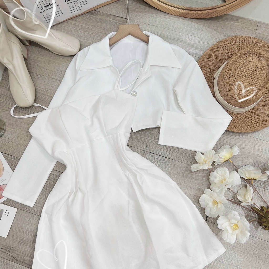 Sét Đầm 2 Dây Kèm Áo Khoác Crop - D0500
