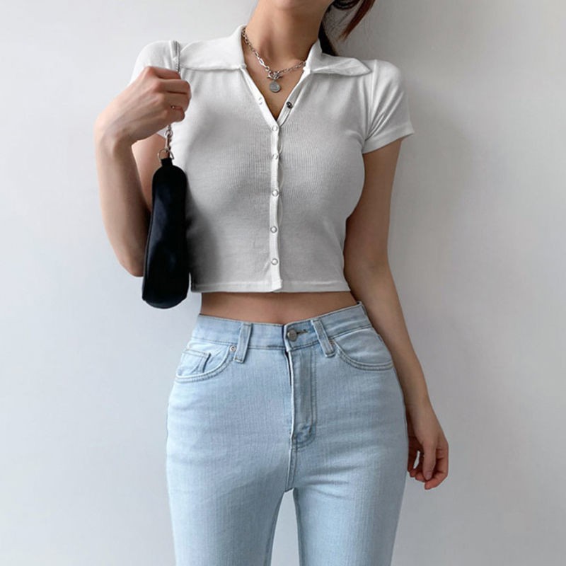 Korean version of simple short-sleeved sweater women's short slim fit cardigan lapel casual all-match jacket women summer