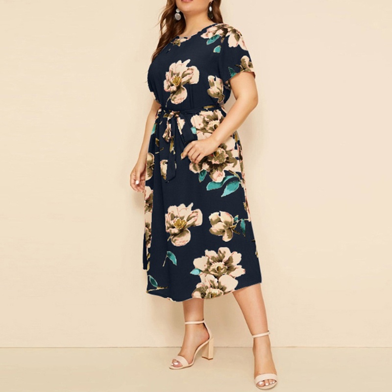 Đầm Midi Chiffon Tay Ngắn Cổ Tròn Plus Size In Họa Tiết Hoa Phong Cách Boho Kèm Thắt Lưng Cho Nữ