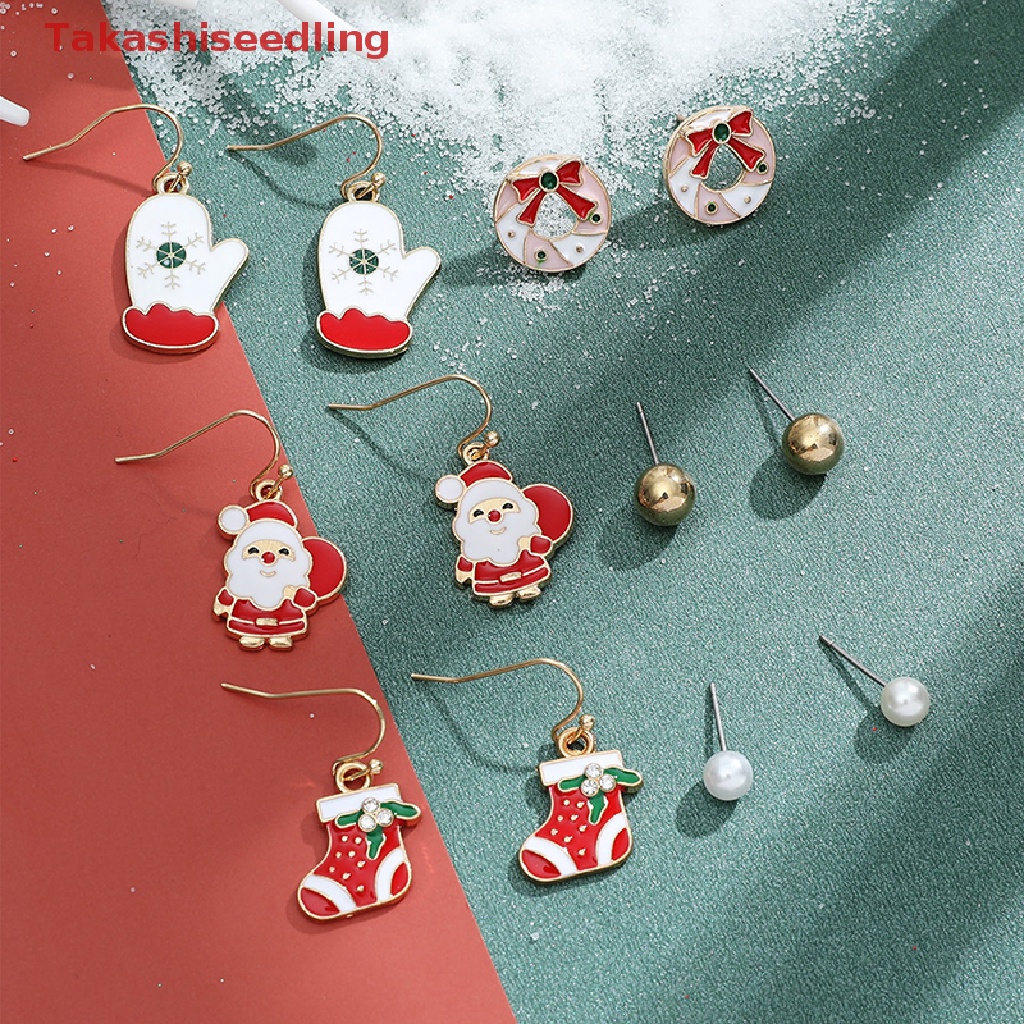 (Takashiseedling) 6 pairs Christmas Earrings Set Santa Claus Snowflake Bells Elk Earrings Six-piece Christmas Earrings Female
