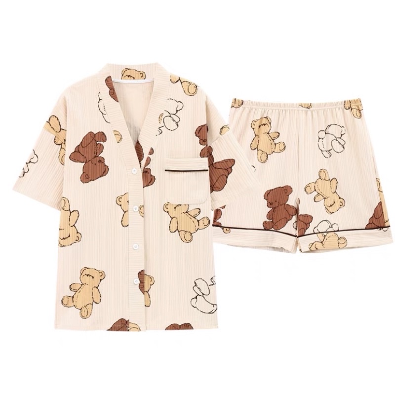 Bộ Ngủ Cộc Tay Quần Sooc Cotton- Đồ Ngủ Cổ V Cài Khuy Mềm Mại Hàng Loại Đẹp