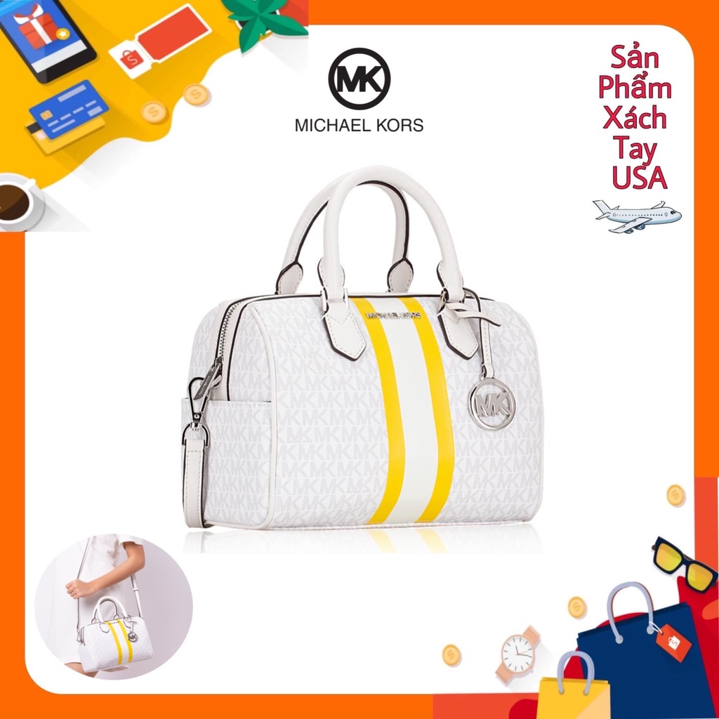 Túi xách cao cấp Michael Kors Signature Bedford Small Stripe Duffle Satchel Bright White