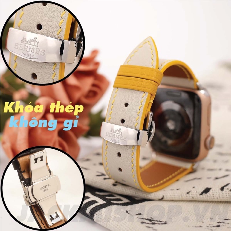 [BẢO HÀNH 1 NĂM] Dây Da BÊ SWIFT may tay thủ công màu Kem chỉ Vàng khóa Bướm cho Apple Watch series 1/2/3/4/5/6/7