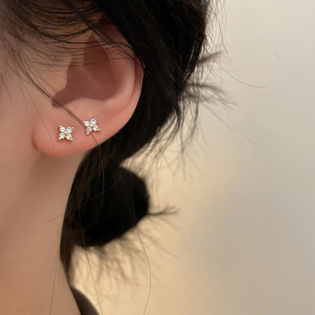 Khuyên Tai Vòng Hoa Bốn Lá Đính Đá Zircon Nhỏ Tinh Tế Chất Lượng Cao Hợp Thời Trang Cho Nữ