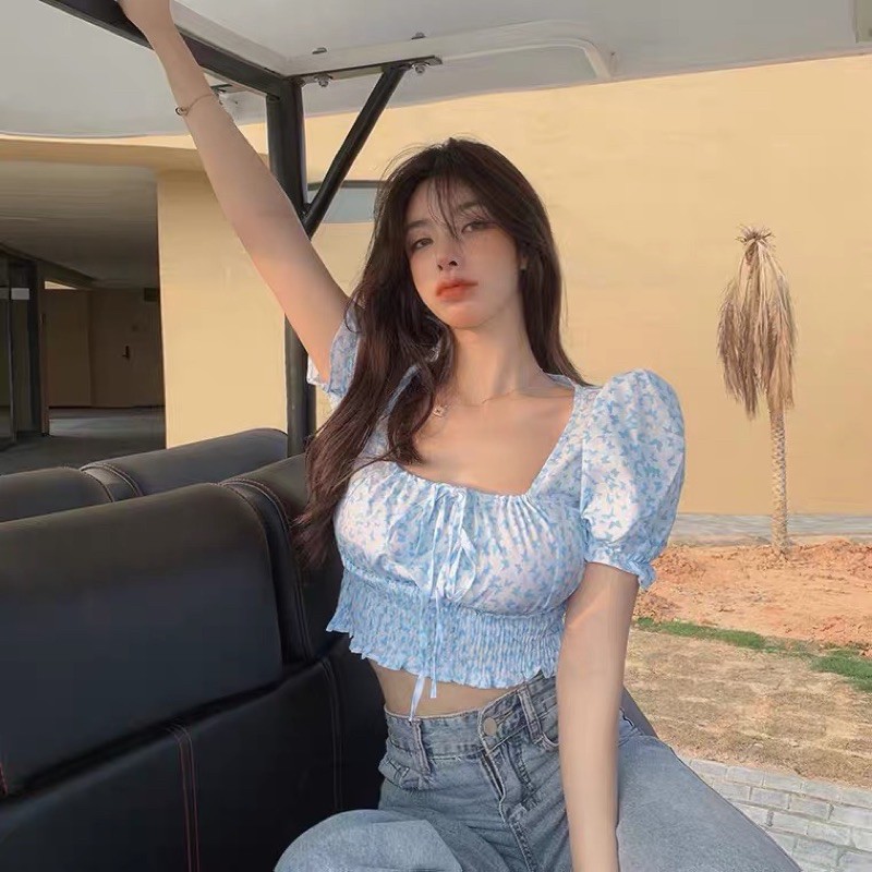 (Có Sẵn) Áo Croptop cổ vuông họa tiết butterfly thời trang mùa hè dành cho nữ Minipie