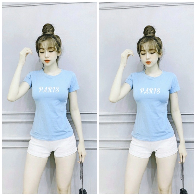 Áo thun nữ MXM cổ tròn thêu chữ Paris thun cotton 4 chiều form ôm body từ 40kg - 52kg ( ANU029 )