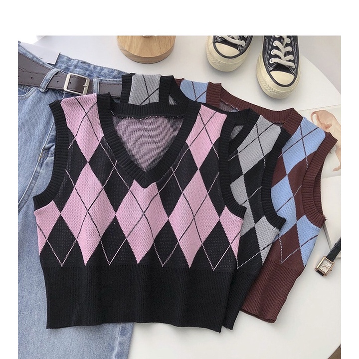 Áo vest gile len dệt kim croptop in 2 mặt hình thoi idol Rosé Hồng/Đen/Nâu