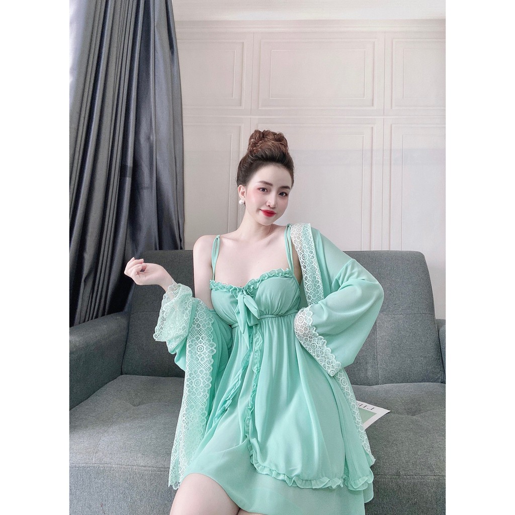 Set Áo Choàng Kèm Váy Ngủ, Váy Đầm Ngủ Sexy 2 Dây Nữ , Đồ Ngủ Sexy 3 Món Siêu Gợi Cảm. | BigBuy360 - bigbuy360.vn