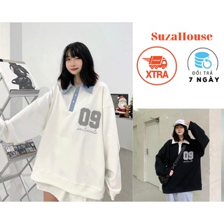 Áo Nỉ Sweater Nữ Form Rộng Tay Bồng Unisex SuzaHouse, Áo Nỉ Cổ Cao Polo Chất Nỉ Ngoại In Chữ Siêu Đẹp