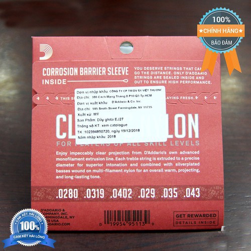 [Chính hãng] D'Addario EJ27N - Dây đàn guitar Classic D'addario EJ27 Student Nylon Classical Guitar Strings