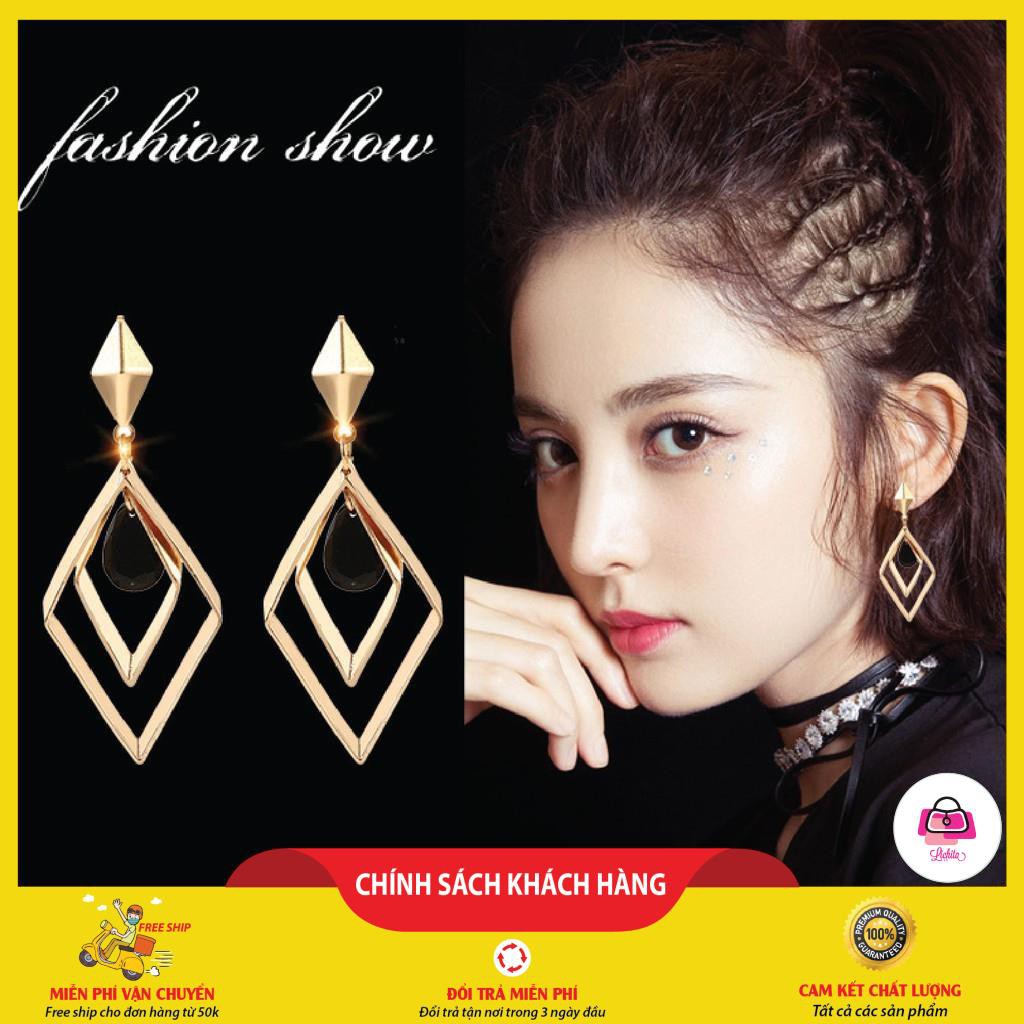 Bông Tai Bạc S925 Hàn Quốc Hình học đơn giản Cá tính Kim Cương Đen