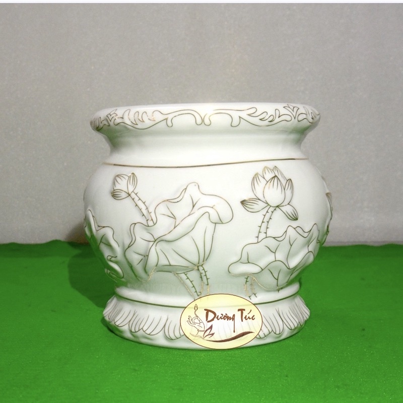 Lư Hương (Bát nhang) Bằng Sứ Cao Cấp - Bạch Ngọc Sen Nổi Loại 1