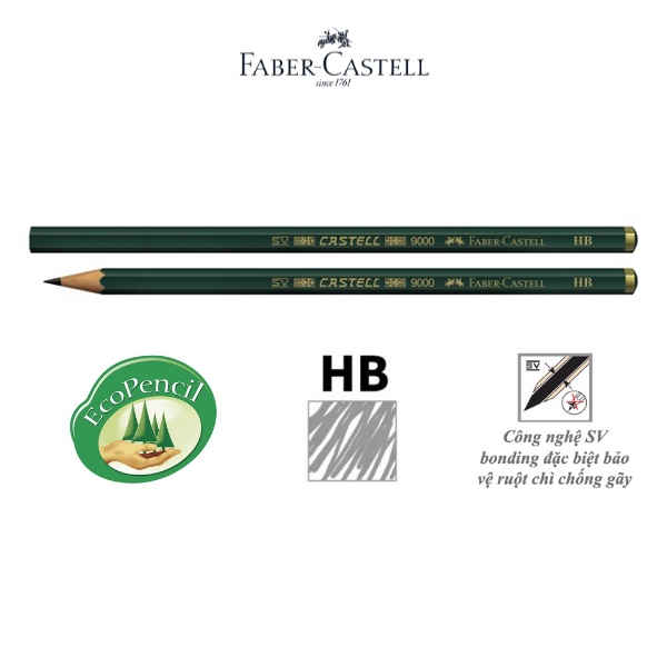 Bút Chì Đen Castell 9000 Faber-Castell - Vỏ gỗ nhẹ, Ruột bút chống vỡ gãy, an toàn, viết mịn - Vẽ tranh, vẽ kỹ thuật